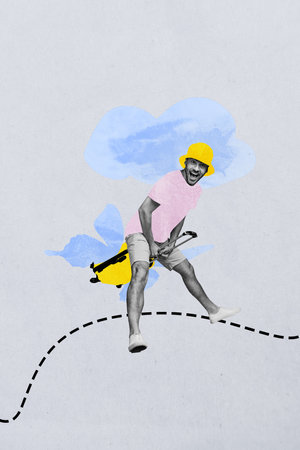 Composite 3D photo collage design trend sketch of young man sit bag fly air summer agency global vacation destination trip travel weekendの写真素材