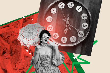 Composite art 3d creative image collage of happy duchess girl hold umbrella wear glamour dress sunglass clock regime expire limitの写真素材