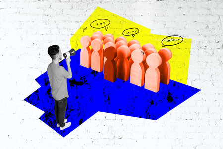 Composite photo collage of happy man activist scream megaphone demonstration wooden stickman crowd...