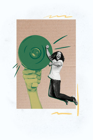 Vertical poster collage young man jump victory celebrate progress positive mood loudspeaker protest demonstration voice voterの写真素材
