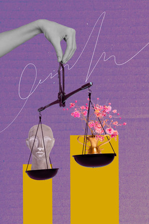 Exclusive image vertical photo collage of hand hold scale comparison weigh sculpture doll vase...