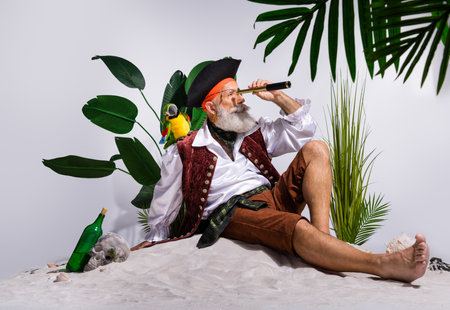Elderly pirate captain in buccaneer costume with parrot searching horizon on sandy beachの写真素材