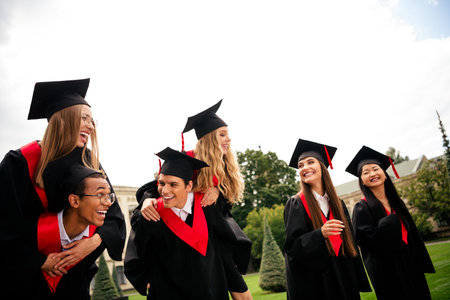 Joyful young graduates wearing mortarboards and gowns celebrate finishing their education outdoors on a sunny summer dayの写真素材