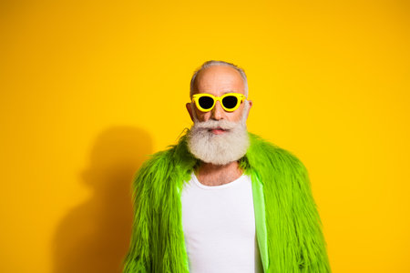 Eccentric elderly man in vibrant green outfit and sunglasses on yellow background portraying quirky style and confidenceの写真素材