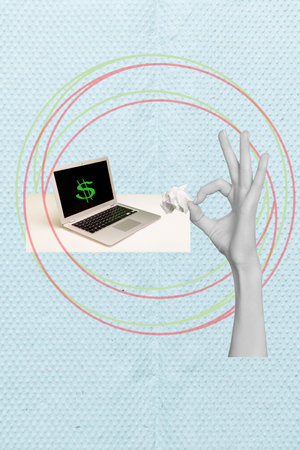 Vertical photo collage of hand show okay gesture crumpled paper laptop dollar sign screen income profit isolated on painted backgroundの写真素材