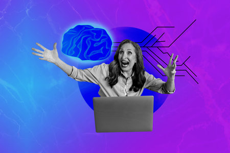 Composite trend artwork 3D sketch image photo collage of cyberspace ai bot virtual aged woman scream...