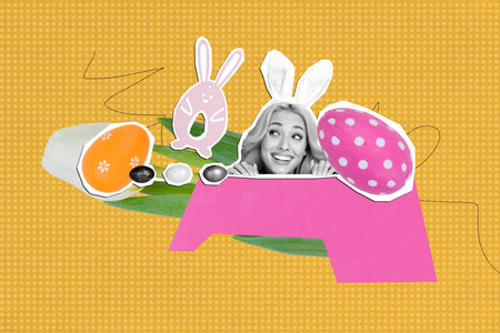 3D photo collage template artwork composite of young lady head smile eggs feast celebrate april...