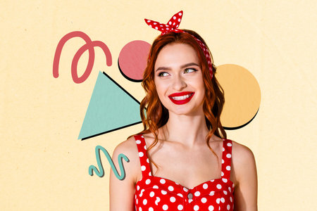 Contemporary poster trend art collage of happy girl wear pinup dotted headband dress colorful figures portrait vintage partyの写真素材