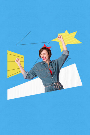 Vertical sketch 3d collage poster of happy girl receive best rate star reputation development...