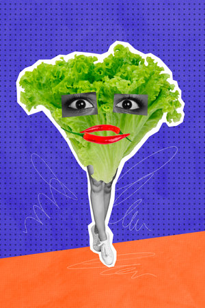 Trend artwork template design collage sketch of dinner cook culinary tasty organic salad vegetable body eye watch mouth pepper legs danceの写真素材