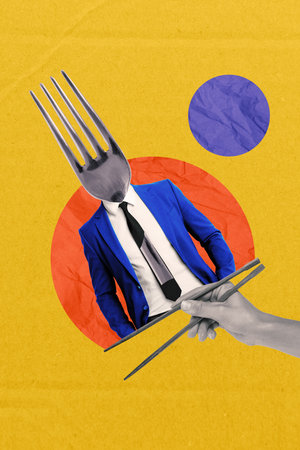 Trend artwork composite 3D photo collage design of kitchenware tool fork food meal headless man stand wear suit hand hold asian sticksの写真素材