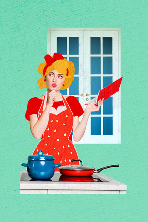 Composite trend artwork sketch image photo collage of young lady housewife domestic chores hold open book recipe cooking kitchen dinnerの写真素材