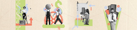 Art panoramic poster trend art collage of happy business people girls men coin dollar income success profit development usd symbolの写真素材