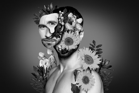 Creative template collage of unusual young guy wild forest full different flowers body on dark blue color backgroundの写真素材