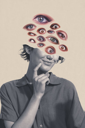 Creative composite sketch design artwork collage of half face woman smile eye look oversee idea puzzle mind creative solutionの写真素材