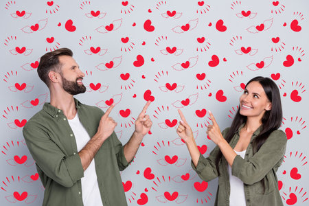 Portrait of attractive cheerful couple demonstrating copy space advert ad solution isolated over...