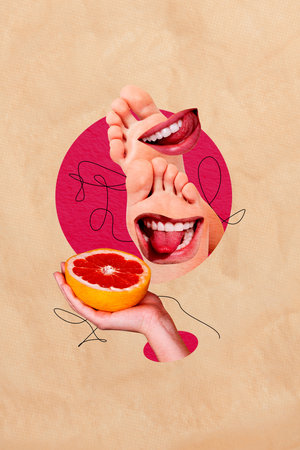 Composite trend artwork 3D sketch image photo collage of young lady bodyless huge red mouth lips barefoot toes hand hold fruit citrusの写真素材
