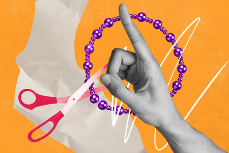 Collage image picture of person making bracelet handmade lesson craft isolated on creative drawing backgroundの写真素材