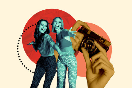 Composite art 3d creative image collage of two happy girls fashion model stand camera shooting retro capture moment nostalgiaの写真素材