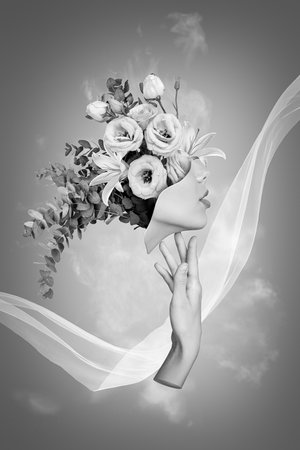 Banner collage of fairy glamour lady with garden flowers touch perfect soft skin neck bodycare concept on creative backgroundの写真素材