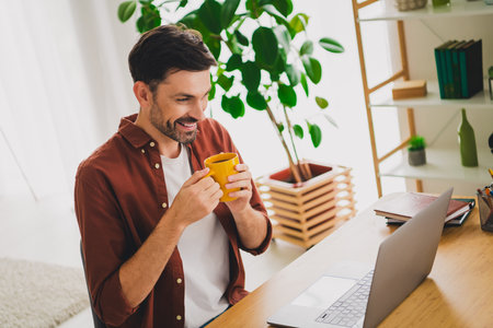Young man enjoying coffee indoors at home using laptop in a bright living room with natural lightingの写真素材