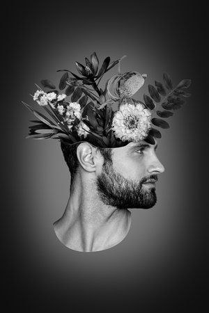 Template advert collage of guy nature guy with flower head wash hair new therapy procedure on dark blue color backgroundの写真素材