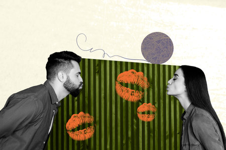 Composite photo collage of two happy girl guy kiss together lovers lipstick print family relationships isolated on painted backgroundの写真素材