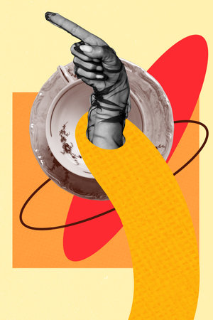 3D collage design composite trend artwork sketch of accessory coffee pause relax enjoy flavor body language symbol glove hand sign gestureの写真素材