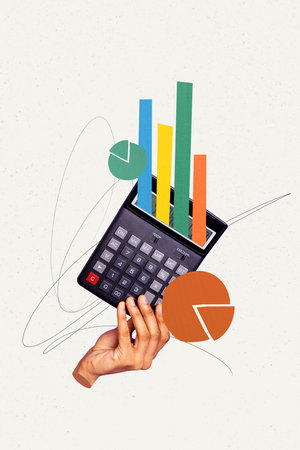 3d sketch poster trend collage image of hand hold calculator tool business income money diagram statistics development profitの写真素材