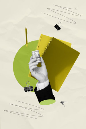 Picture banner collage of human hand showing roll with many dollars money on yellow backgroundの写真素材