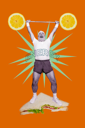 Template collage design trend artwork 3D sketch of aged man stand hand hold dumbbell power lemon citrus energy stand sadwich junk foodの写真素材