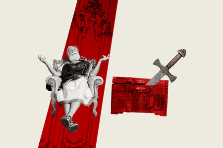 Exclusive art banner collage of minded elderly man king sit chair throne steel sword weapon open chest treasure mythologyの写真素材