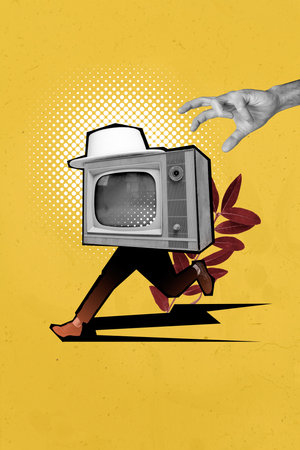 3d sketch poster trend collage of anonym man instead head television monitor hand want grab leaves plant 3d movie watchingの写真素材