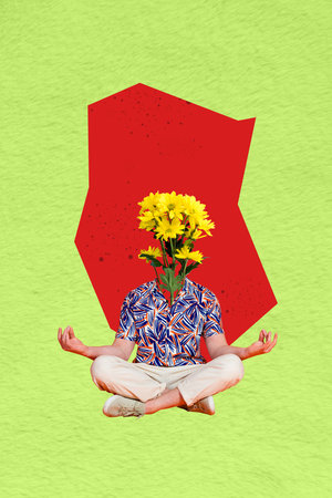 Composite sketch design artwork 3D collage of man body sit meditate head daisy flower bouquet day plant blossom springtime natureの写真素材