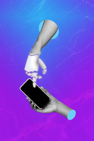 Composite trend artwork 3D sketch image photo collage of cyberspace bot virtual anonymous hand...