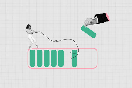 3d sketch poster trend collage of happy girl pull rope stand battery icon charge development hand success aim achievementの写真素材