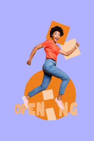 Creative image collage of person girl running on text openingの写真素材