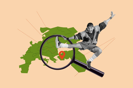 Art 3d sketch collage of excited man jump magnifier glass zoom geolocation search map destination summer travel judo pose tourismの写真素材