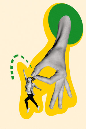 Trend artwork poster composite sketch image collage of okay sign finger gesture body language hand support young lady moving up confidentの写真素材