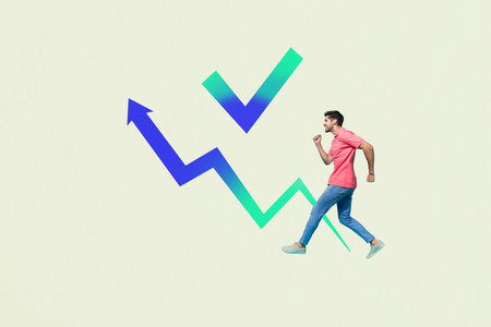 3d sketch poster trend collage of happy businessman run arrow pointer direction checkmark approval...