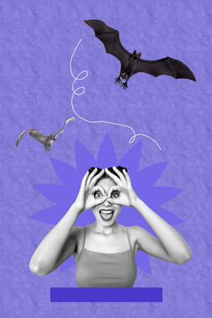 Trend artwork creative sketch 3D photo collage of halloween holiday fall season young lady grimace...
