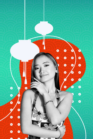 3D collage poster template trend artwork sketch of young lady pose elegance smile lamp japan culture...
