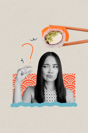 Trend artwork banner 3D collage of young lady think hand gesture finger size question chopsticks roll sushi chinese eastern tradition foodの写真素材