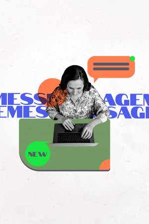 Trend artwork collage template sketch of entrepreneur job worker hiring vacancy aged woman sit work laptop speech cloud app new messengerの写真素材