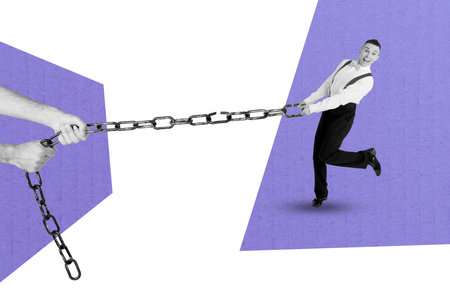 Composite poster art 3d image collage of happy businessman pull chain trap freedom occupation hostage imprisonment conceptの写真素材
