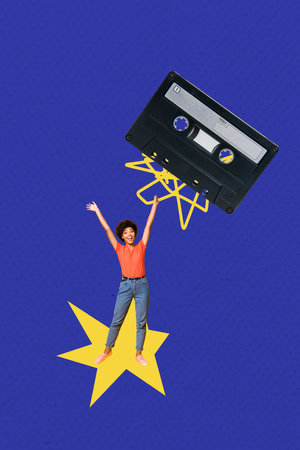 Creative trend collage of young girl with raise hands cassette on blue color background