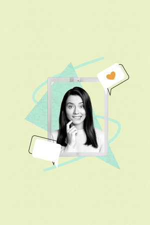 Vertical image poster photo collage of happy minded girl blogger peek tablet screen like notification bubble social mediaの写真素材