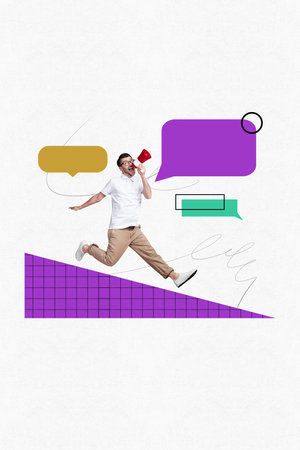 Exclusive image vertical photo collage of happy man scream megaphone bubble speech communicationの写真素材