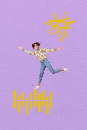 Trend artwork banner sketch 3D photo collage of occasion clubber night leisure entertainment young lady run rhythm smile happy expressionの写真素材