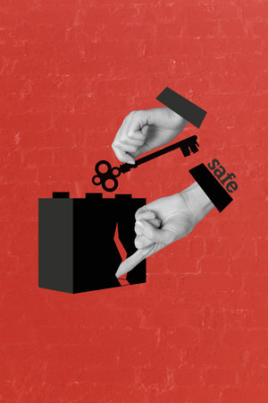 Art image vertical photo collage of hands hold key entrance building safe relocation flat mortgage close door privateの写真素材
